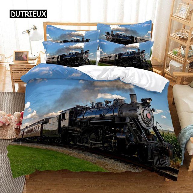 3-teiliges Bettwäsche-Set mit 3D-Digitaldruck im Zug-Design, Queen Size, Multicolor, B/H: 155 x 215 cm - Bild 1