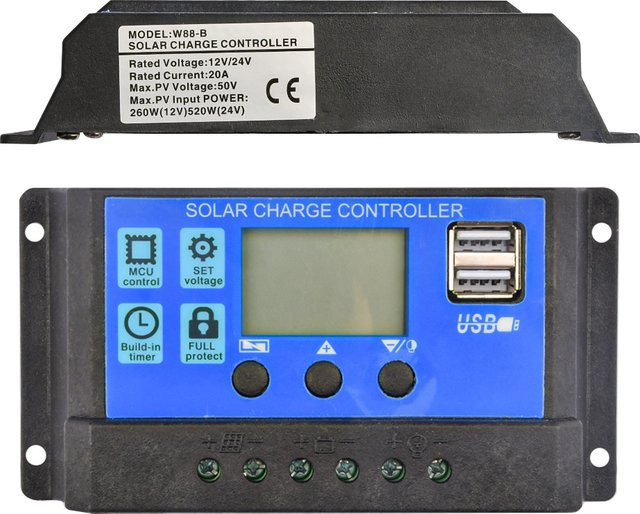 Solar Laderegler mit LCD-Display und Dual-USB 5V Ausgang für 12V/24V Photovoltaik-Systeme, Blau - Bild 1