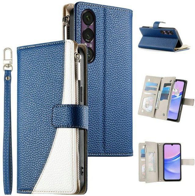 Leder Crossbody Lanyard Brieftasche mit Reißverschluss als Stoßfeste Flip Case für Sony Xperia 1 VII in Blau - Bild 1
