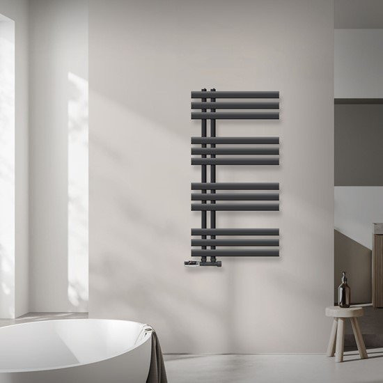 LuxeBath Badheizkörper Iron EM Anthrazit mit Thermostat und Wandanschlussanschlussgarnitur H: 100 cm, B: 50 cm - Bild 1