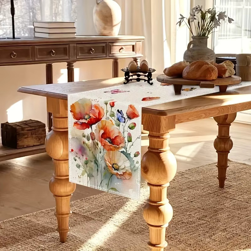 VIKAMA Tischläufer mit Aquarell-Mohnblumen und Schmetterlingen, wasserabweisender Polyester-Tischläufer im Landhausstil, Mehrfarbig, B: 90,0 cm, T: 33,0 cm - Bild 4