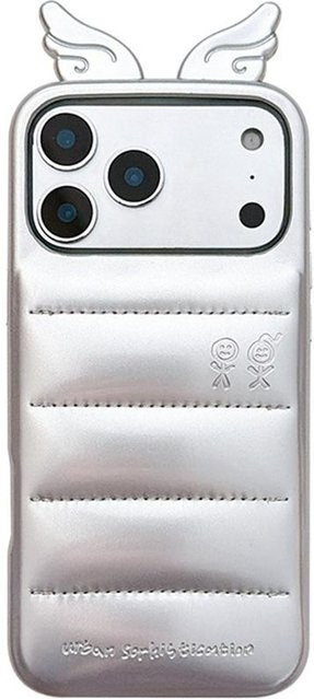 Apple iPhone Hülle mit 3D-Flügelhörnern und Daunenjacke-Design in Silber für iPhone 17 Pro, 16 Pro Max, 15 Pro Max, 14 Pro Max und 13 Pro Max - Bild 1