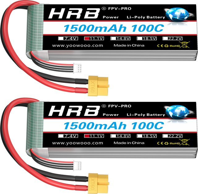 HRB LiPo Akku 11,1 V 3S 1500mAh mit XT60 Stecker für RC FPV Flugzeuge, Drohnen, Racing Boote und Autos - Bild 1