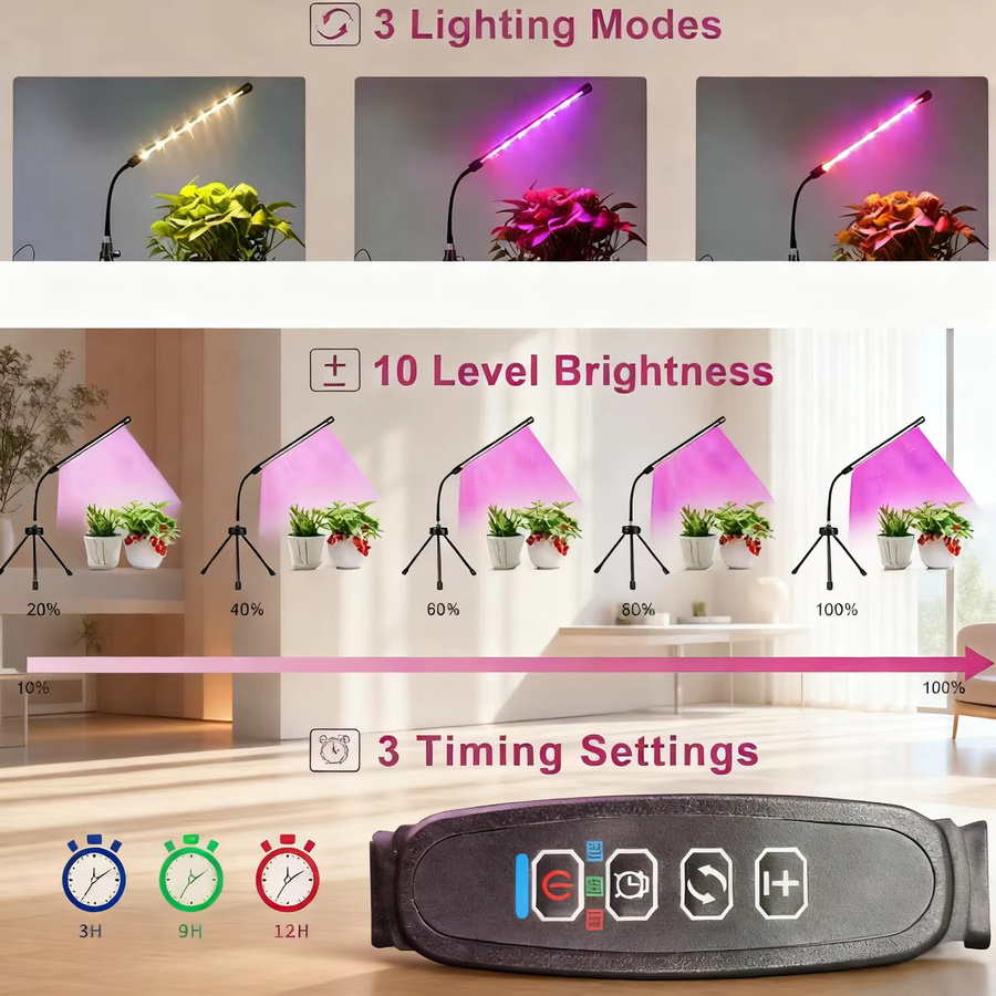 KEBINCPLED Dimmbare LED Pflanzenwachstumslampe mit Stativ und USB-Anschluss, Vollspektrum-Wachstumslicht für Indoor-Gewächshäuser, Schwarz - Bild 2