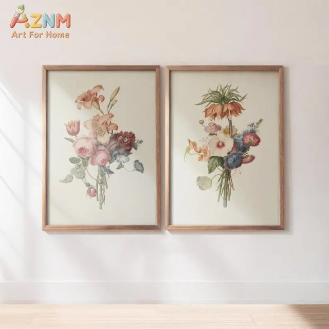AZNM Vintage Wandkunst auf Leinwand mit botanischem Blumenstrauß als florales Aquarellgemälde in Multicolour ohne Rahmen - Bild 1