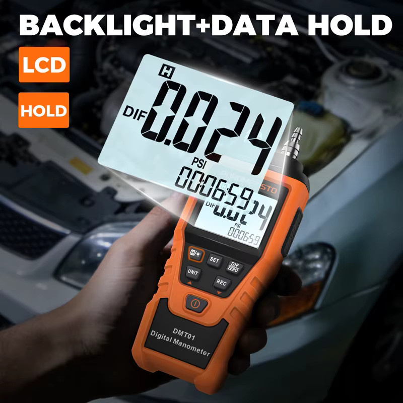 DMT01 Digitales Manometer Druckmessgerät in Orange mit 12 Druckeinheiten als Differenzdruck-Detektor und Luftdruckmesser - Bild 5