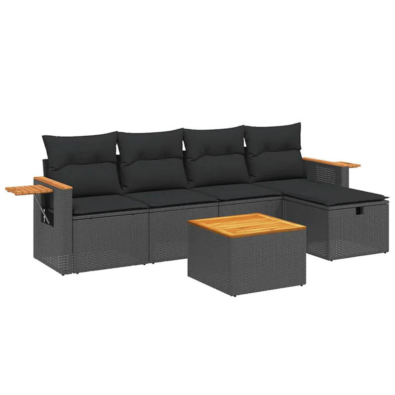 vidaXL 6-tlg Garten-Sofagarnitur aus Poly-Rattan und Akazienholz in Schwarz mit Kissen Modell 168 - Bild 2