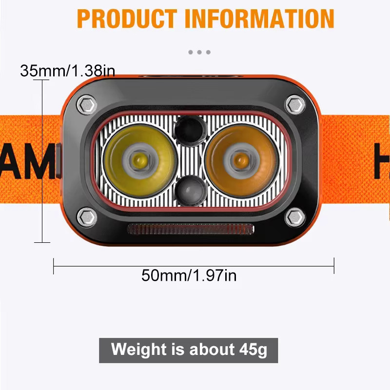 SSET Wiederaufladbare LED-Stirnlampe mit COB-Technik in Orange, ultraheller Scheinwerfer mit 5 Modi und verstellbarem Winkel für Sport und Camping - Bild 2