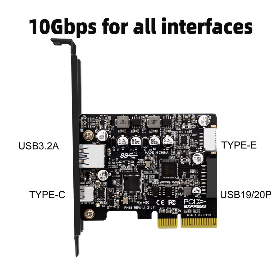 Geris Power USB 3.2 Typ-C Erweiterungskarte PCIe 3.0 auf USB 3.2 Gen 2 Adapterkarte mit 10 Gbit/s in Schwarz - Bild 2