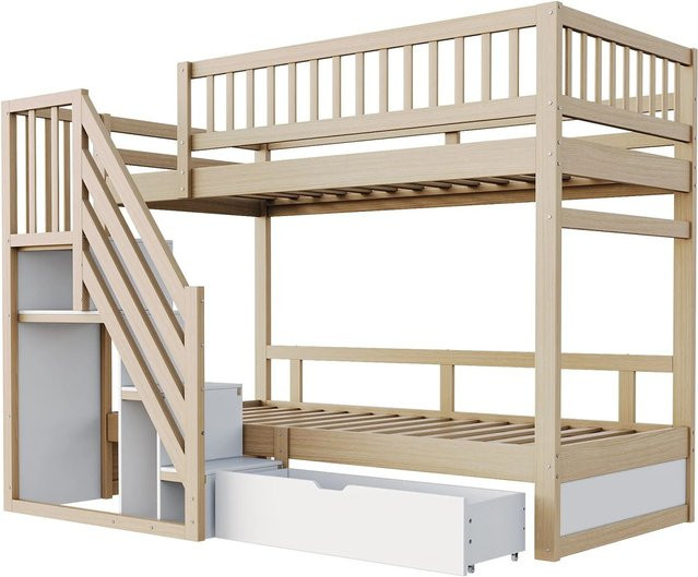 Merax Etagenbett aus Massivholz mit Stauraumleiter und Schubladen für Kinderzimmer, B/T/H: 90 x 200 x 173 cm - Bild 1