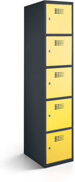rotstahl Fächerschrank mit 5 Fächern aus Stahlblech, gelbe Türen und anthrazitgrauem Korpus, B/T/H: 30 x 50 x 180 cm - Bild 1