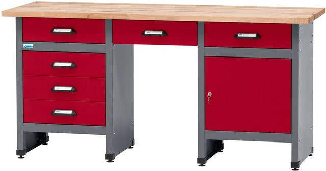 Küpper Werkbank Eintürig mit 6 Schubladen und Sitzraum, Dunkelrot, B/T/H: 170 x 60 x 84 cm - Bild 1