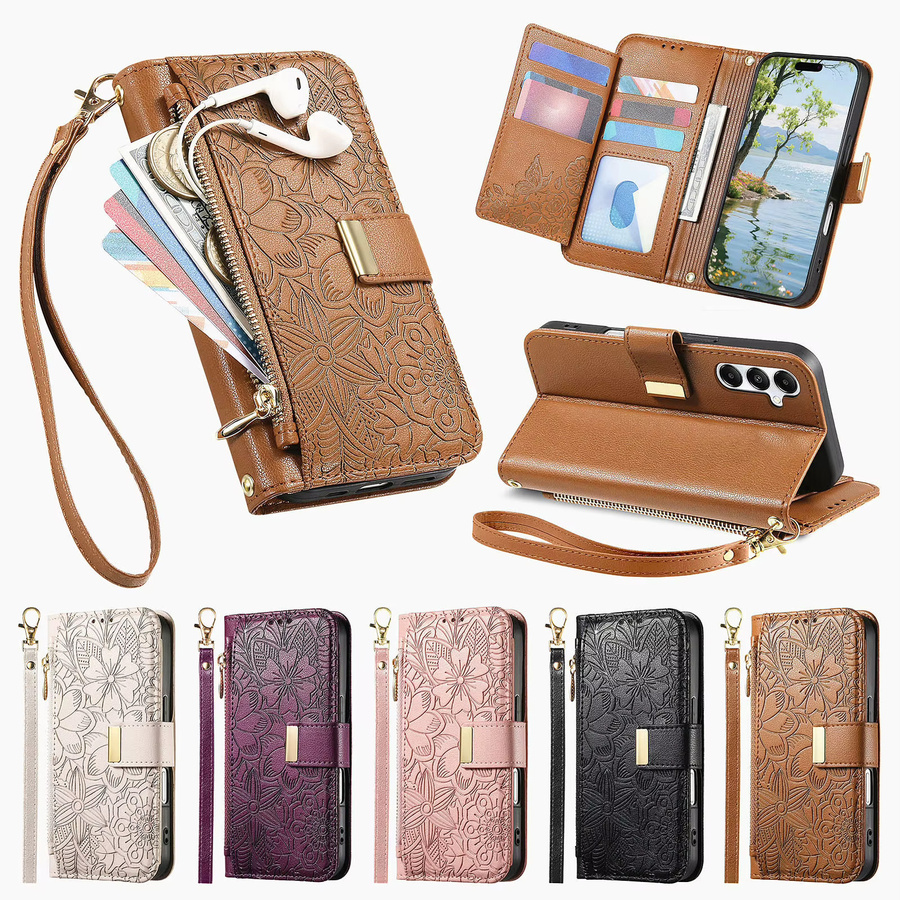 Samsung Handyhülle aus PU-Leder mit Blumenmuster und Brieftaschenfunktion für Galaxy S25 Plus, S24, S23 Ultra, S22 und S25 in Schwarz mit Lanyard - Bild 6