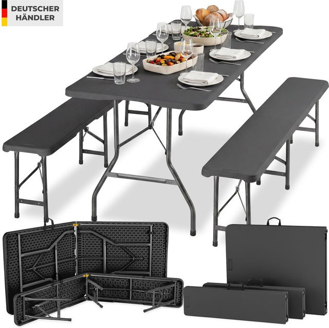 tectake Campingtischgarnitur Panja klappbar für bis zu 8 Personen, wetterfest, Anthrazit, B/T/H: 180 x 70 x 74 cm - Bild 2