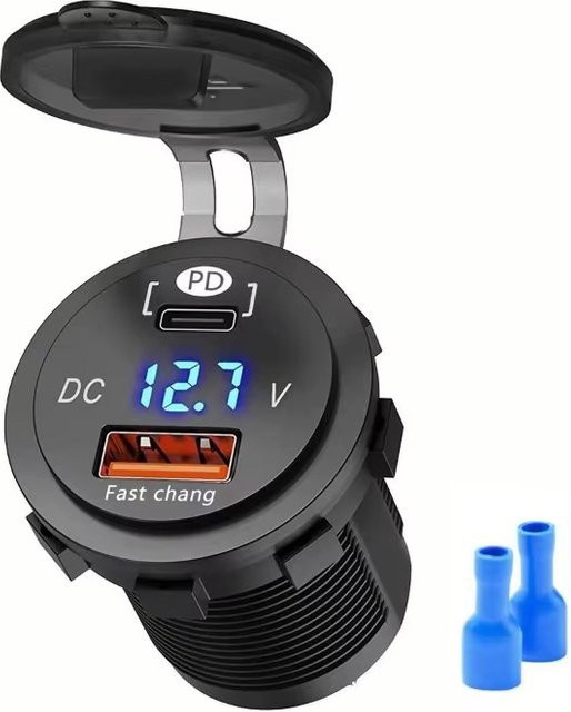 Autoladegerät-Buchse mit Digitalanzeige, Voltmeter und USB-Schnellladung 3.0 sowie USB-C in Schwarz mit EIN-AUS-Schalter für Auto, Motorrad und ATV - Bild 1