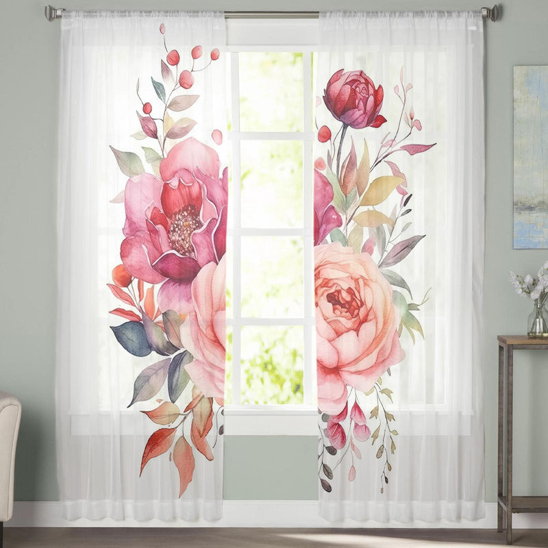 Transparente Chiffon-Fenstervorhänge mit floralem Blütenknospen- und Blatt-Design von Super Six in Weiß, Breite: 135 cm, Höhe: 114 cm - Bild 3
