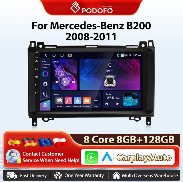 Podofo 2Din 9 Zoll Multimedia Autoradio mit Carplay und Android Auto sowie WiFi für Mercedes Benz B200 Sprinter W169 W245 W906 Vito in Schwarz - Bild 1