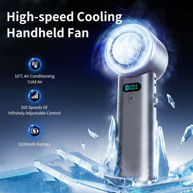 TENGKESi Tragbarer Mini-Handventilator mit Halbleiterkühlung, 5200 mAh Akku, LED-Anzeige und 100 Geschwindigkeiten in Grau - Bild 1