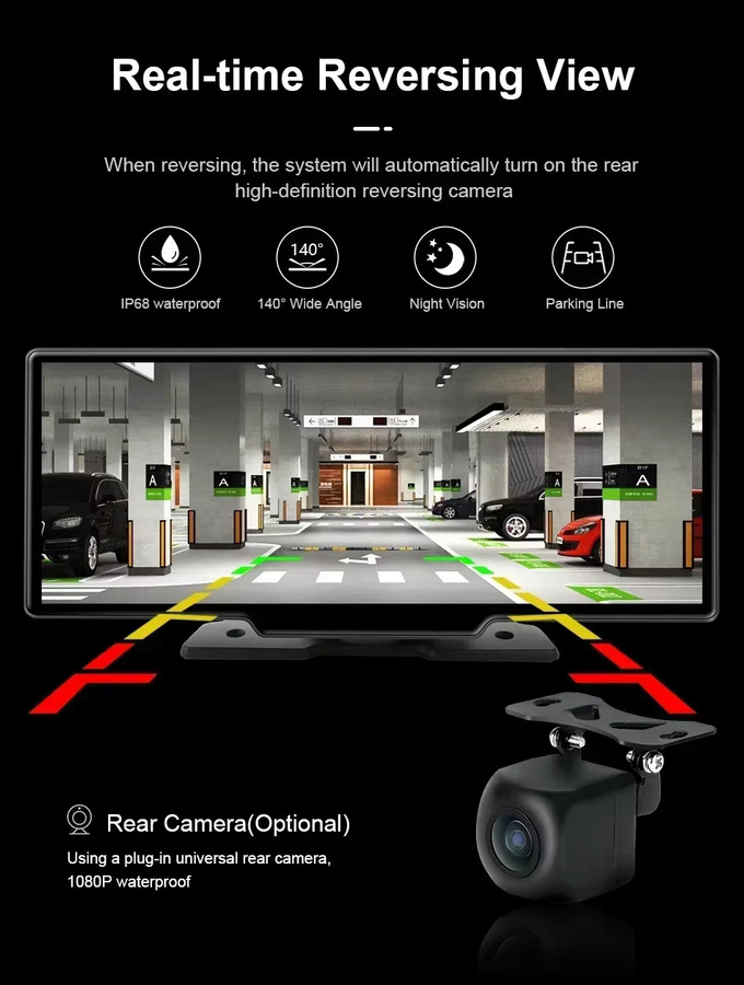 Srnubi 10,26 Zoll Dash Cam mit 4K DVR, CarPlay und Android Auto, Dual Len Recorder mit GPS, Wi-Fi und Bluetooth, Schwarz - Bild 6