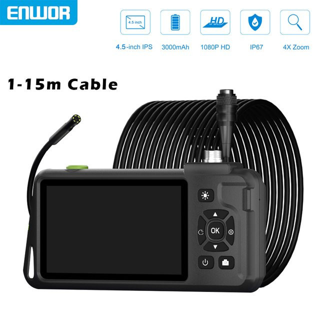 ENWOR Endoskopkamera mit 4,5 Zoll IPS Display, 5,0 MP Autofokus, HD1080P, Schwarz, Austauschbare Einzel-, Doppel- oder Dreifachlinse, 1-15 Meter Inspektionskamera für Auto und Kanalisation - Bild 1