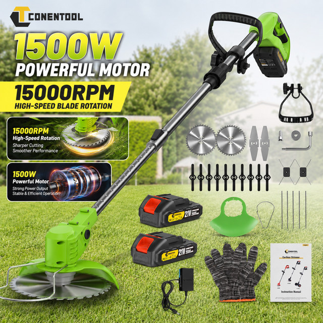 CONENTOOL 21V Akku-Rasentrimmer mit 1500W und 5 Schneidaufsätzen, faltbarer Teleskop-Rasenmäher in Grün für die Gartenpflege - Bild 1