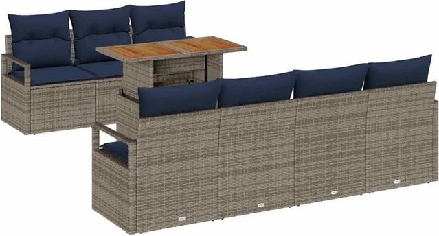 vidaXL Garten-Sofa-Set 8-teilig mit Kissen in Grau und Blau, modernes L-Shape Set mit Polsterung und Stauraumfunktion - Bild 1