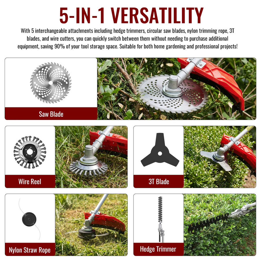 CONENTOOL 5-in-1 Benzin-Trimmer mit 52cc 2-Takt-Motor und 2,5KW in Rot - Bild 2