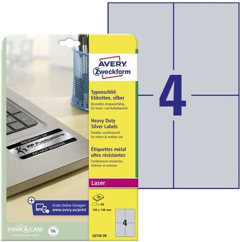 Avery Zweckform L6134-20 Typenschild-Etiketten aus silberner Polyester-Folie, permanent klebend, B/H: 10,5 x 14,8 cm, 80 Stück - Bild 1