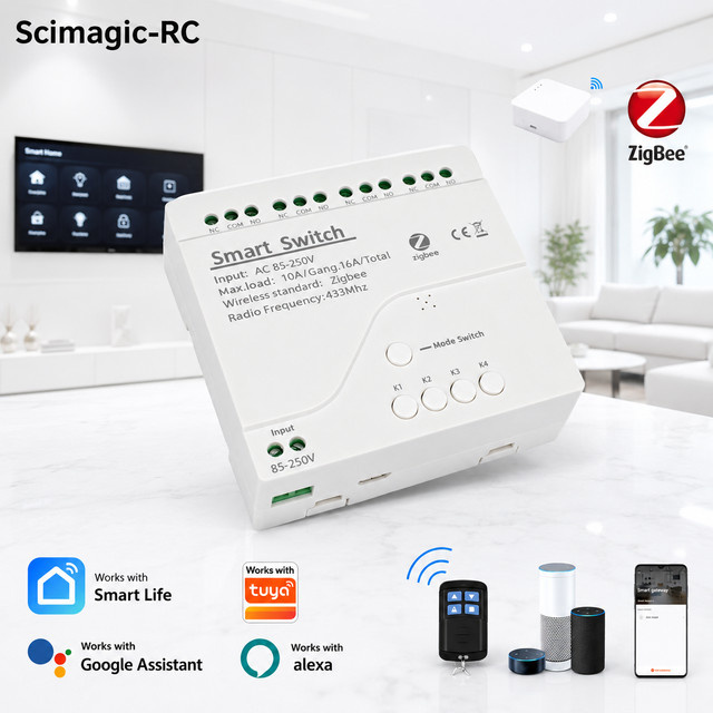 Scimagic-RC Zigbee 3.0 Smart Switch Gateway mit WLAN-Fernbedienung und 433 MHz RF, 1/2/4-Kanal Relais-Schaltmodul 10A, Weiß, kompatibel mit Tuya - Bild 1