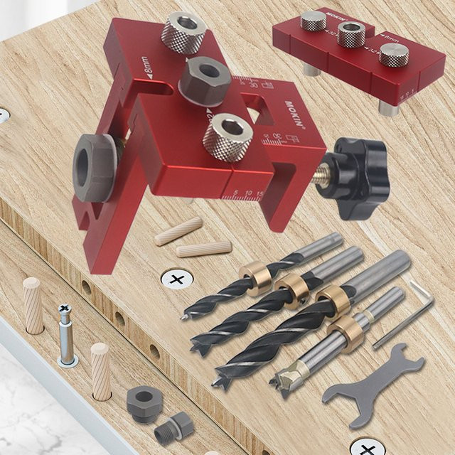 MOKIN 3 in 1 Dübel-Bohrschablone Set für Holzbearbeitung, Taschenloch-Jig mit vertikaler Bohrführung und Montage-Werkzeug, Rot, B/T/H: 100 x 48 x 14 cm - Bild 1