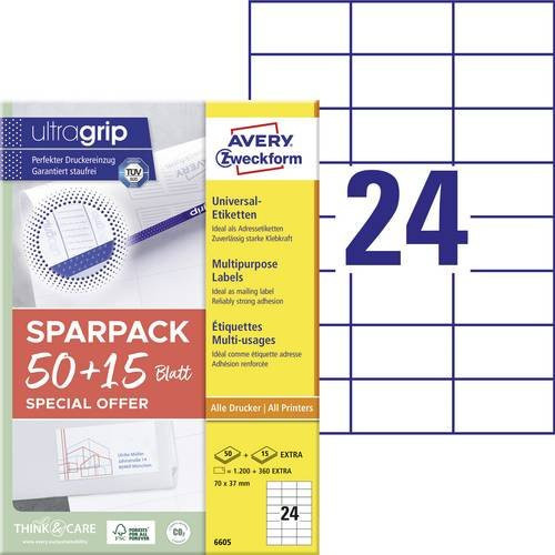 Avery Zweckform Universal-Etiketten ultragrip Weiß, 1560 Stück, B: 70 mm, H: 37 mm - Bild 1