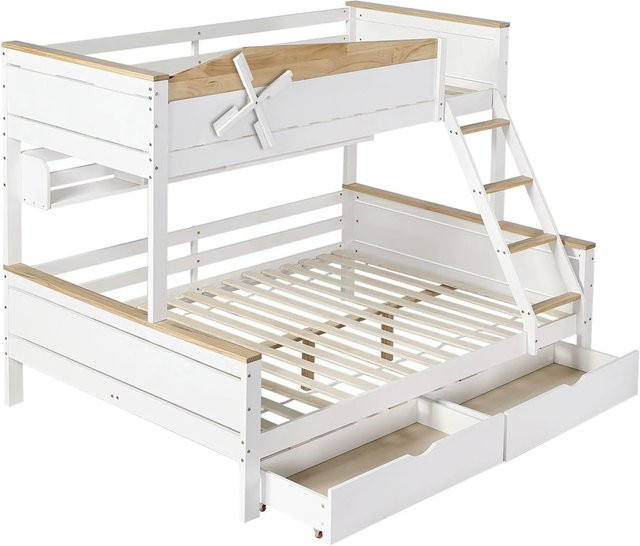 KOMHTOM Etagenbett für Kinder mit Windmühle, Regalen, Fallschutzgittern, Schubladen und Schrägleiter in Weiß und Natur - Bild 1