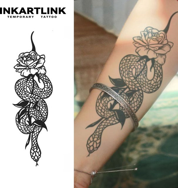 Temporäres Schlangen- und Rosen-Tattoo, wasserfest, semi-permanent - Bild 1
