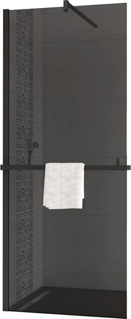 AICA Walk In Dusche Duschabtrennung aus ESG-Glas mit Duschregal und Handtuchhalter, Farbe: Schwarz/Transparent, B: 100 cm, H: 200 cm - Bild 1
