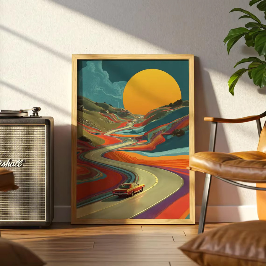 Retro-psychedelischer Roadtrip Wandkunstdruck von SHENCHEN als Vintage-Poster mit Sonnenuntergang und surrealer Landschaft auf mehrfarbiger Leinwand - Bild 3