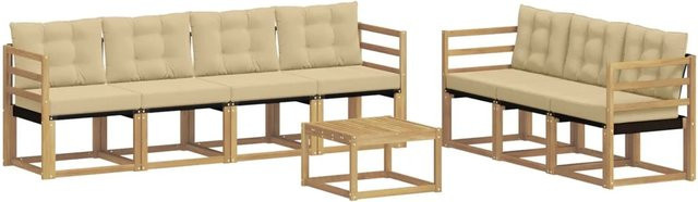 vidaXL Outdoor-Sofagarnitur 8-teilig in L-Form mit Kissen und Couchtisch aus Akazienholz in Weiß und Beige - Bild 1