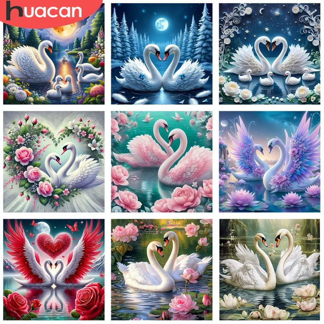 HUACAN 5D DIY Diamantmalerei Set mit Schwan und Rosen als Wanddekoration, Multicolour, B/H: 20 x 20 cm - Bild 1