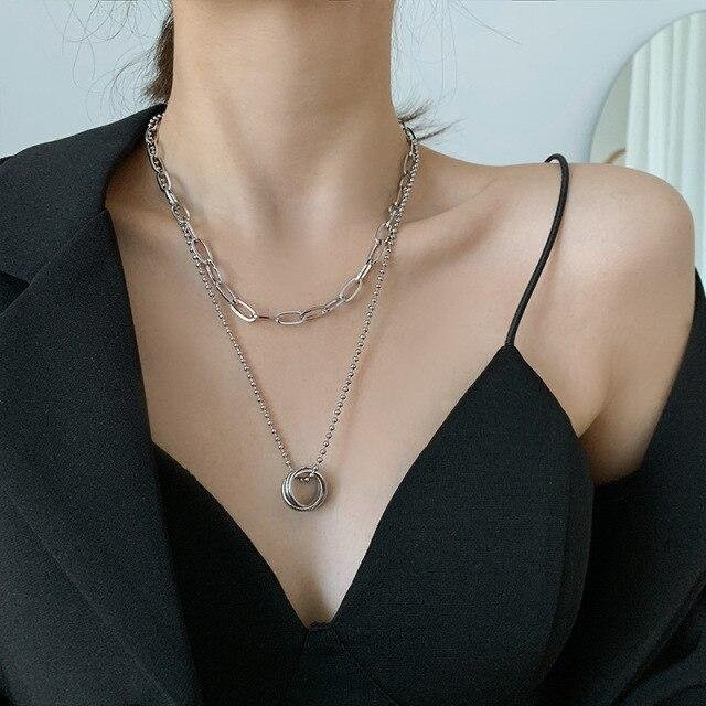 Allbestart Halskette 925 Silber, Doppelschicht Kreis, Unisex, grau - Bild 1