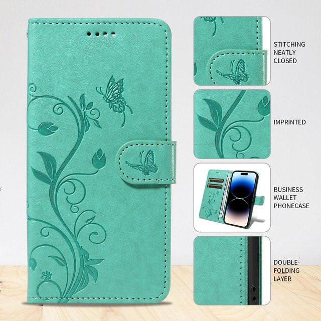 Luxus Klapp-Lederhülle mit Schmetterlings- und Blumenmuster für Samsung Galaxy A05 A05s A15 A16 5G A17 A25 A26 A35 A36 A55 A56 A06 A07 5G in Türkis - Bild 1