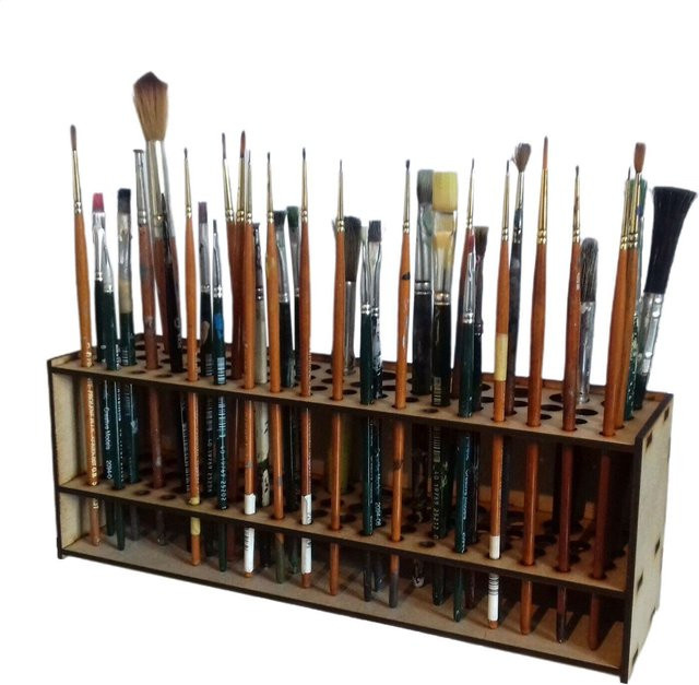 Holz Pinselhalter mit 67 Löchern als Schreibtisch-Organizer und wandmontiertes Pinselregal in Braun - Bild 1