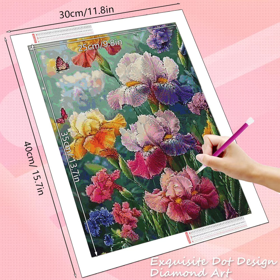 HUACAN Diamantmalerei Set mit Orchideen und Iris Blumenmotiv, Rundes Mosaik-Bild in Multicolour zur Wanddekoration, B/H: 20 x 30 cm - Bild 1