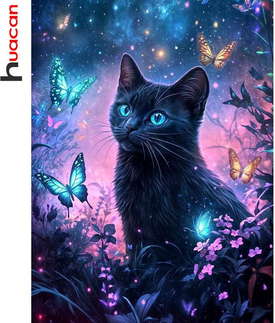 Huacan Diamantmalerei Katze und Schmetterling mit Blumen als dekoratives Mosaik-Gemälde in Mehrfarbig, Breite: 30,0 cm, Höhe: 20,0 cm - Bild 1