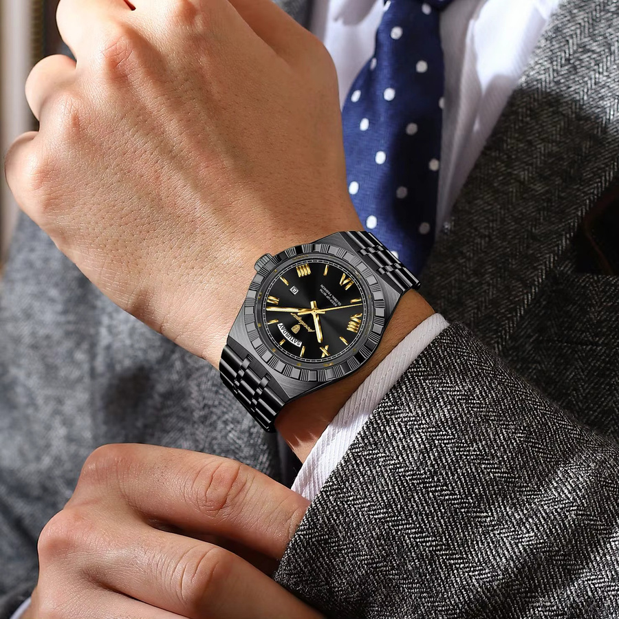 POEDAGAR Armbanduhr Quarz, Edelstahl, Schwarz, Silber, Herren - Bild 5