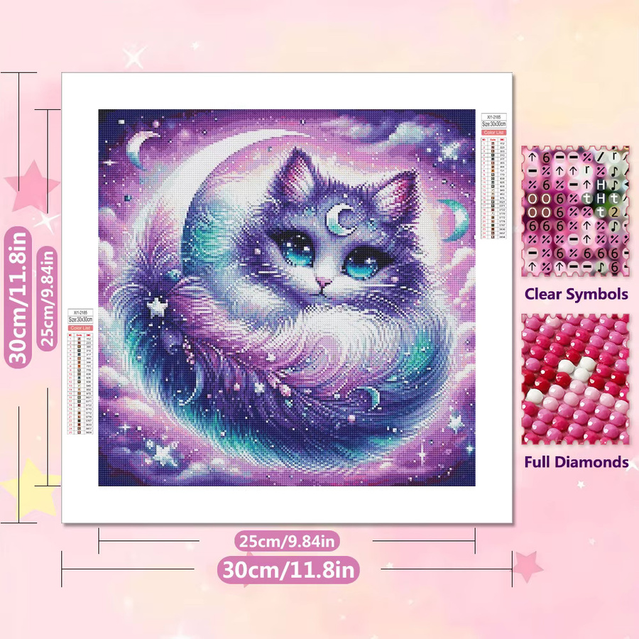 EverShine 5D Diamantmalerei Katze am Mond DIY Stickerei Set mit Rund- und Quadratbohrern, Mehrfarbig, B/H: 20 x 20 cm - Bild 2