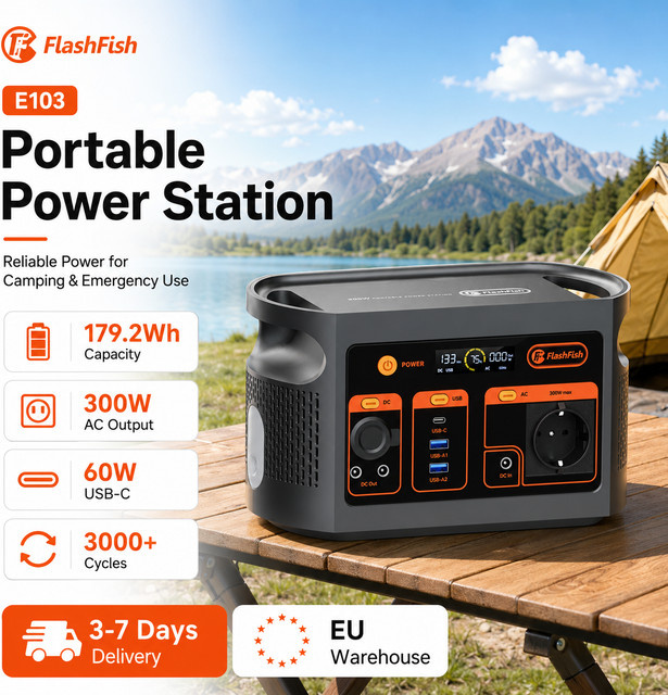 Tragbare Powerstation FlashFish E103 in Schwarz mit 300W, 179,2Wh, Reine Sinuswelle, 230V und 60W PD für Camping, Reisen und Notfälle - Bild 1