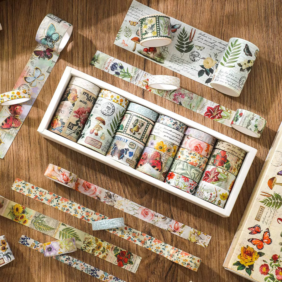 20er Set Washi Tape aus Papier mit Vintage-Motiven wie Pflanzen, Schmetterlingen und Blumen in Multicolour für DIY-Dekorationen und Planer - Bild 2