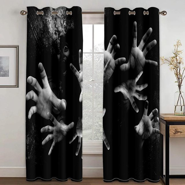Dekorative 3D Horror Vorhänge mit schwarzem Totenkopf-Motiv, 2er-Set aus Polyester, Farbe: Schwarz, Breite: 50 cm, Höhe: 160 cm - Bild 1