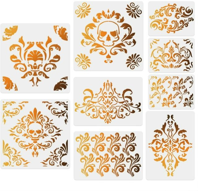9 Stück Totenkopf-Pflanzen-Malschablonen aus Kunststoff in 3 Größen für DIY-Kunst und Handwerk mit Blumenranken-Motiven - Bild 1