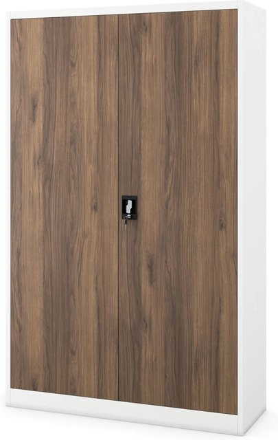 JAN NOWAK Metall-Aktenschrank JAN II aus Stahl mit verstellbaren Regalböden und Schloss, Weiß und Nussbraun, H: 185 cm, B: 115 cm, T: 40 cm - Bild 1