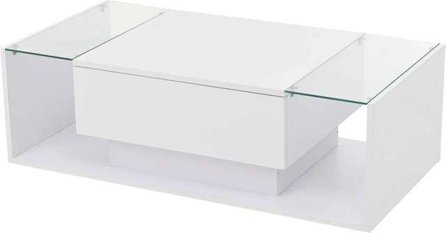 okwish Couchtisch mit LED Lichtleiste und Schublade aus Glas in Weiß, B/T/H: 100 x 50 x 31 cm - Bild 1